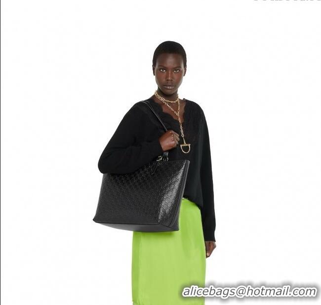 Top Design Gucci GG Emblem Leather large tote bag 847455 Black 2025