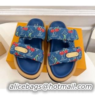 Buy Discount Louis Vuitton LV x TM Pool Pillow Flat Comfort Slides Sandal in Blue Cherry Denim 1AHME4