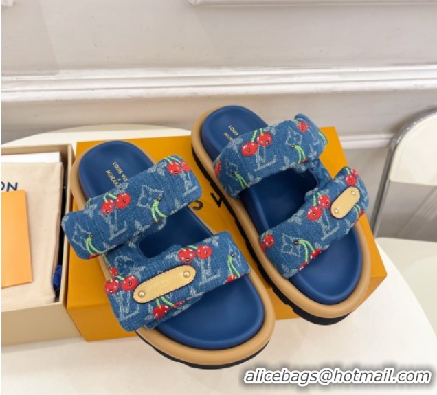 Buy Discount Louis Vuitton LV x TM Pool Pillow Flat Comfort Slides Sandal in Blue Cherry Denim 1AHME4