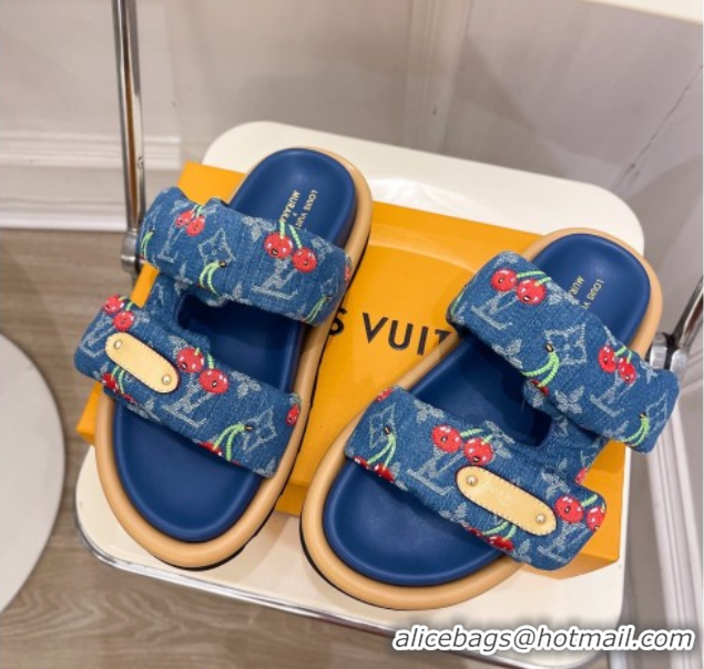 Buy Discount Louis Vuitton LV x TM Pool Pillow Flat Comfort Slides Sandal in Blue Cherry Denim 1AHME4