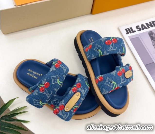 Buy Discount Louis Vuitton LV x TM Pool Pillow Flat Comfort Slides Sandal in Blue Cherry Denim 1AHME4