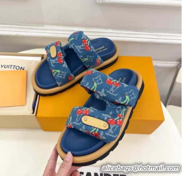 Buy Discount Louis Vuitton LV x TM Pool Pillow Flat Comfort Slides Sandal in Blue Cherry Denim 1AHME4