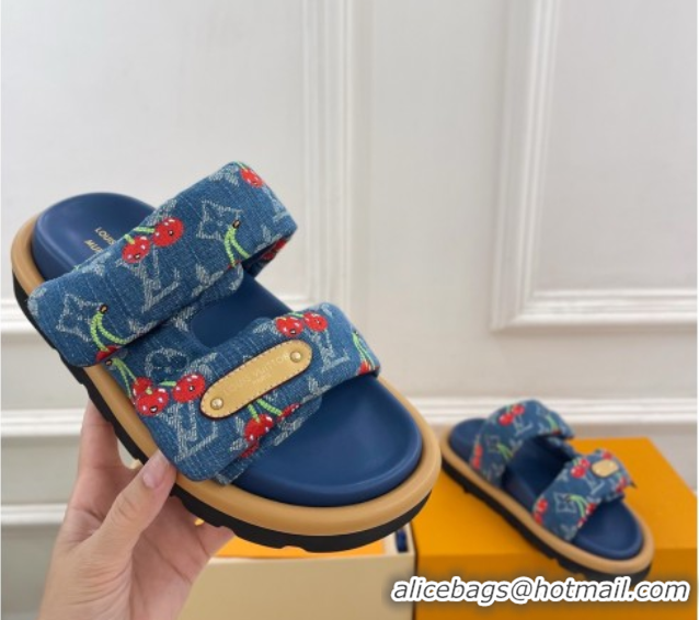 Buy Discount Louis Vuitton LV x TM Pool Pillow Flat Comfort Slides Sandal in Blue Cherry Denim 1AHME4