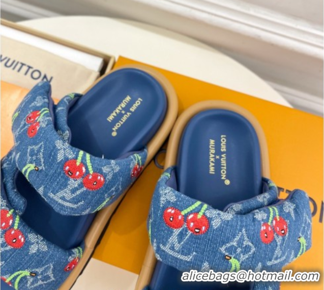 Buy Discount Louis Vuitton LV x TM Pool Pillow Flat Comfort Slides Sandal in Blue Cherry Denim 1AHME4