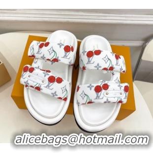 Buy New Cheap Louis Vuitton LV x TM Pool Pillow Flat Comfort Slides Sandal in White Cherry Fabric 2025 1AHME4