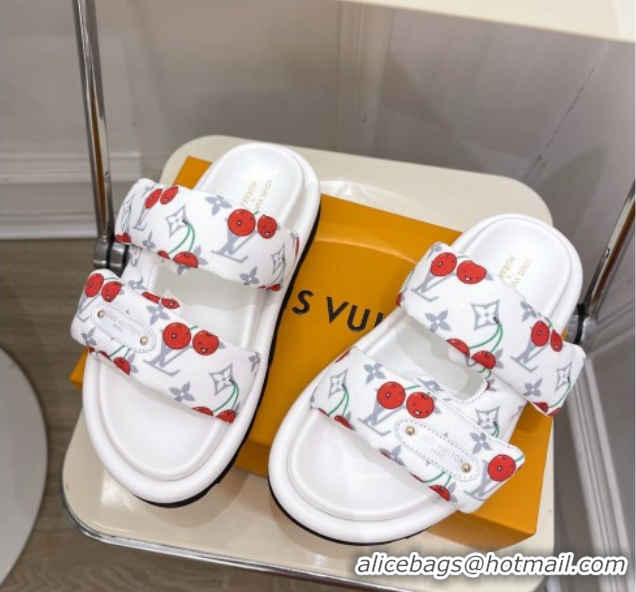 Buy New Cheap Louis Vuitton LV x TM Pool Pillow Flat Comfort Slides Sandal in White Cherry Fabric 2025 1AHME4