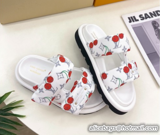 Buy New Cheap Louis Vuitton LV x TM Pool Pillow Flat Comfort Slides Sandal in White Cherry Fabric 2025 1AHME4