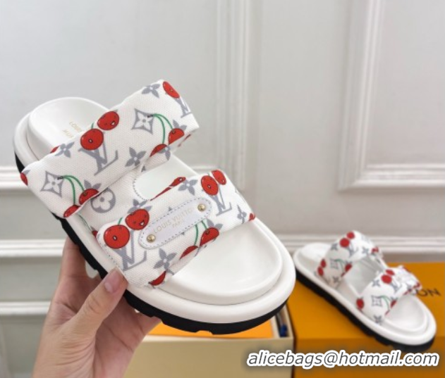 Buy New Cheap Louis Vuitton LV x TM Pool Pillow Flat Comfort Slides Sandal in White Cherry Fabric 2025 1AHME4