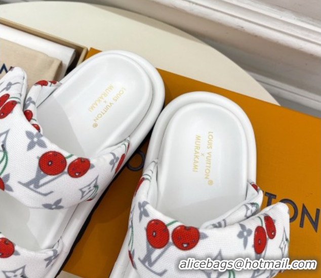 Buy New Cheap Louis Vuitton LV x TM Pool Pillow Flat Comfort Slides Sandal in White Cherry Fabric 2025 1AHME4