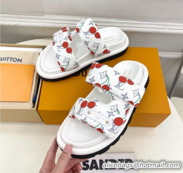 Buy New Cheap Louis Vuitton LV x TM Pool Pillow Flat Comfort Slides Sandal in White Cherry Fabric 2025 1AHME4