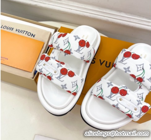 Buy New Cheap Louis Vuitton LV x TM Pool Pillow Flat Comfort Slides Sandal in White Cherry Fabric 2025 1AHME4