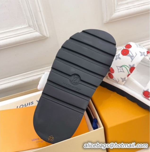 Buy New Cheap Louis Vuitton LV x TM Pool Pillow Flat Comfort Slides Sandal in White Cherry Fabric 2025 1AHME4