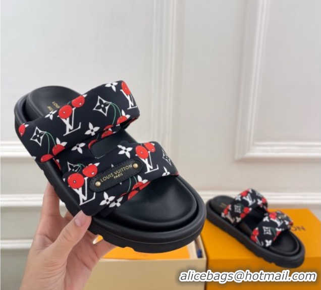 Shop Cheap Louis Vuitton LV x TM Pool Pillow Flat Comfort Slides Sandal in Black Cherry Fabric 2025 1AHME4