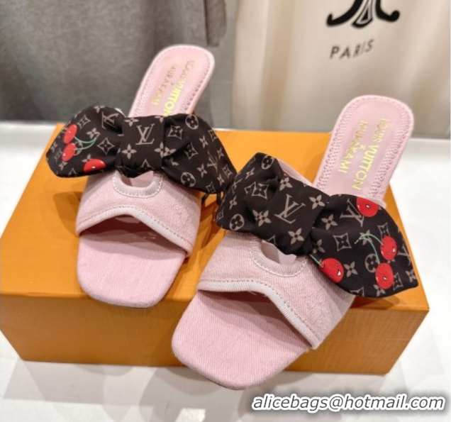 Best Price Louis Vuitton LV x TM Cherie Heel Slides Sandal 5.5cm in Monogram Denim with Bow Light Pink 0712047