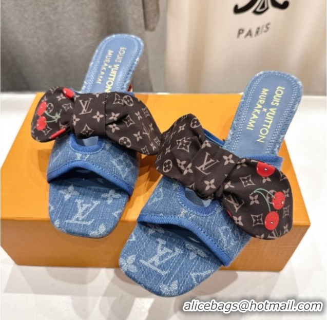 Unique Style Louis Vuitton LV x TM Cherie Heel Slides Sandal 5.5cm in Monogram Denim with Bow Light Blue 0712048
