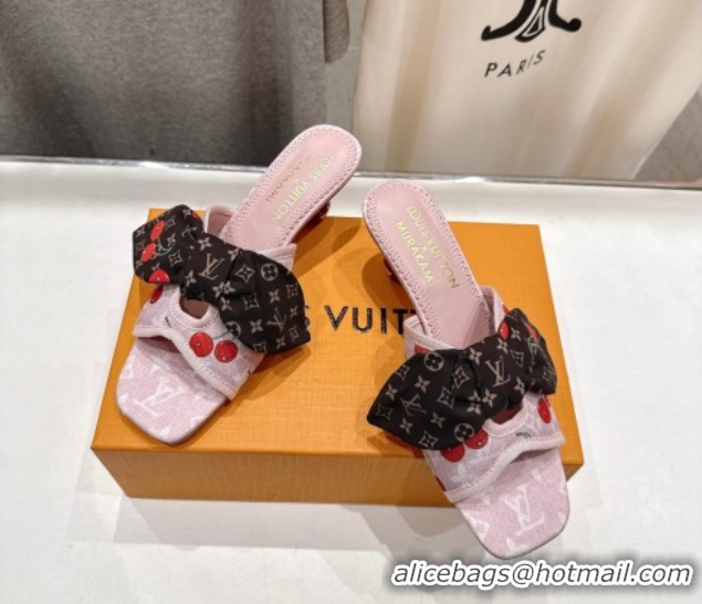 Classic Hot Louis Vuitton LV x TM Cherie Heel Slides Sandal 5.5cm in Monogram Denim with Bow Pink/Red 0712049