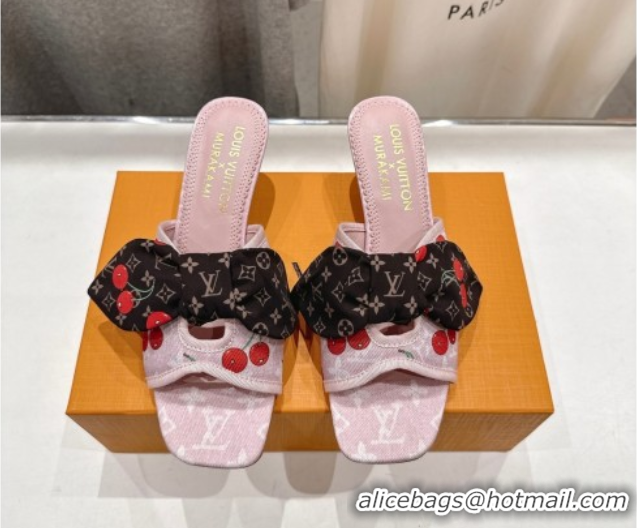 Classic Hot Louis Vuitton LV x TM Cherie Heel Slides Sandal 5.5cm in Monogram Denim with Bow Pink/Red 0712049