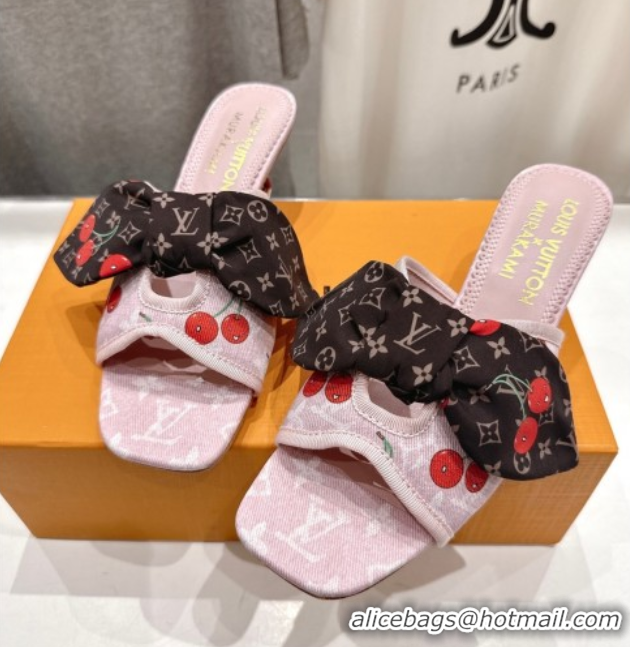Classic Hot Louis Vuitton LV x TM Cherie Heel Slides Sandal 5.5cm in Monogram Denim with Bow Pink/Red 0712049