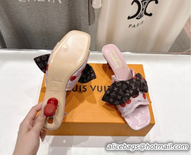 Classic Hot Louis Vuitton LV x TM Cherie Heel Slides Sandal 5.5cm in Monogram Denim with Bow Pink/Red 0712049