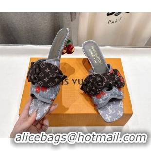 Good Quality Louis Vuitton LV x TM Cherie Heel Slides Sandal 5.5cm in Monogram Denim with Bow Grey/Red 0712050