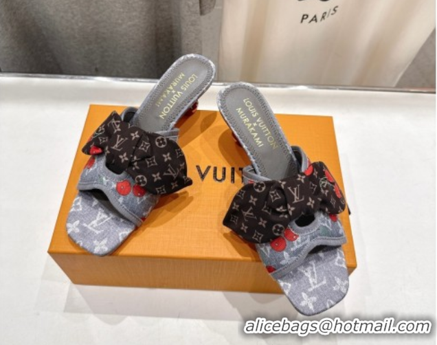 Good Quality Louis Vuitton LV x TM Cherie Heel Slides Sandal 5.5cm in Monogram Denim with Bow Grey/Red 0712050
