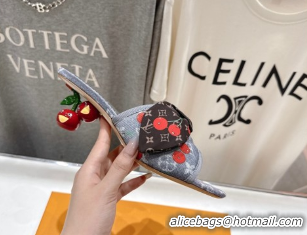 Good Quality Louis Vuitton LV x TM Cherie Heel Slides Sandal 5.5cm in Monogram Denim with Bow Grey/Red 0712050