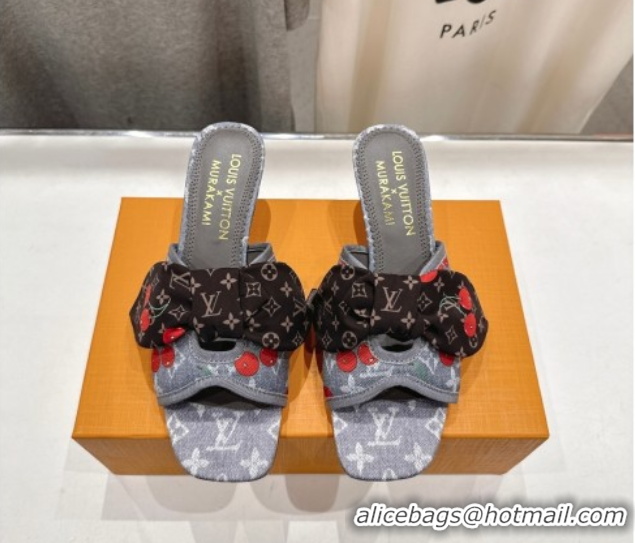 Good Quality Louis Vuitton LV x TM Cherie Heel Slides Sandal 5.5cm in Monogram Denim with Bow Grey/Red 0712050