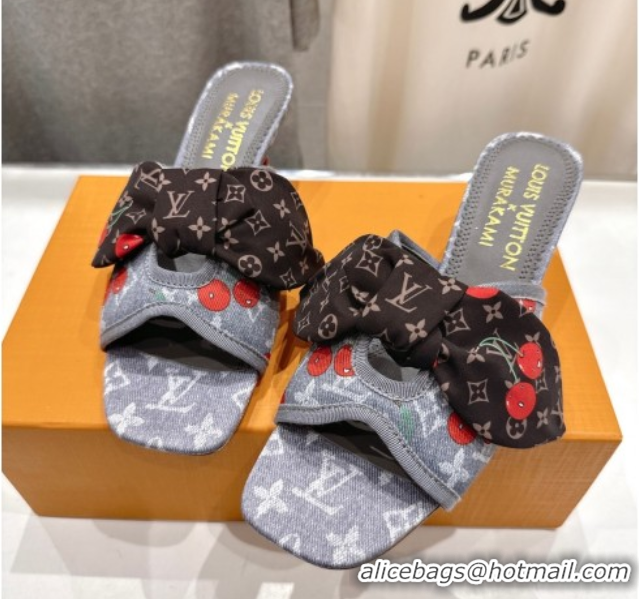 Good Quality Louis Vuitton LV x TM Cherie Heel Slides Sandal 5.5cm in Monogram Denim with Bow Grey/Red 0712050