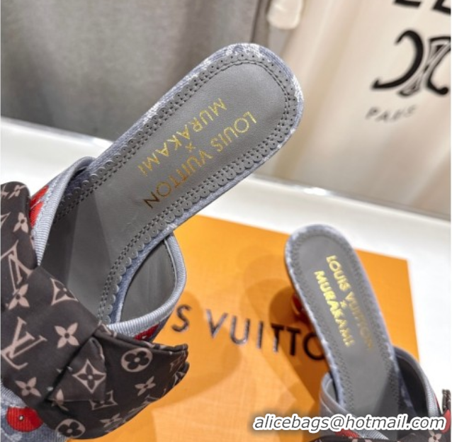 Good Quality Louis Vuitton LV x TM Cherie Heel Slides Sandal 5.5cm in Monogram Denim with Bow Grey/Red 0712050