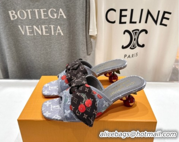 Good Quality Louis Vuitton LV x TM Cherie Heel Slides Sandal 5.5cm in Monogram Denim with Bow Grey/Red 0712050