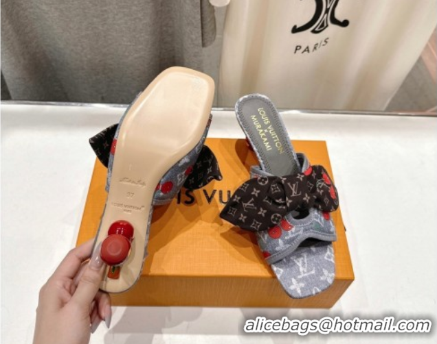 Good Quality Louis Vuitton LV x TM Cherie Heel Slides Sandal 5.5cm in Monogram Denim with Bow Grey/Red 0712050