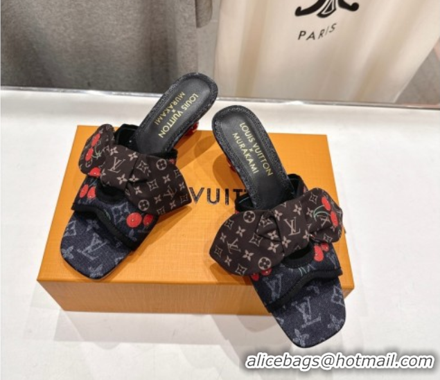 Low Price Louis Vuitton LV x TM Cherie Heel Slides Sandal 5.5cm in Monogram Denim with Bow Black 0712051