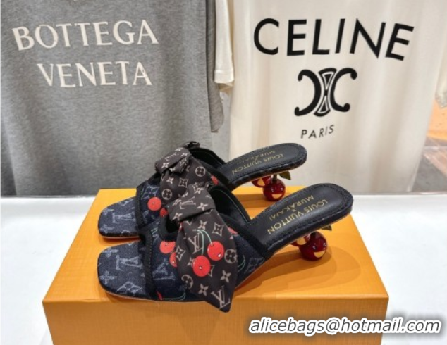 Low Price Louis Vuitton LV x TM Cherie Heel Slides Sandal 5.5cm in Monogram Denim with Bow Black 0712051