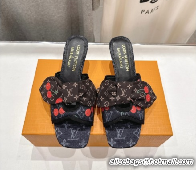 Low Price Louis Vuitton LV x TM Cherie Heel Slides Sandal 5.5cm in Monogram Denim with Bow Black 0712051