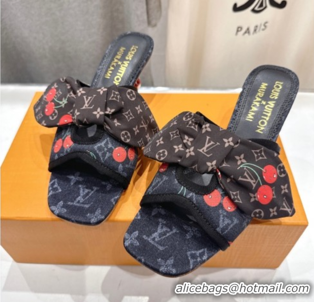 Low Price Louis Vuitton LV x TM Cherie Heel Slides Sandal 5.5cm in Monogram Denim with Bow Black 0712051