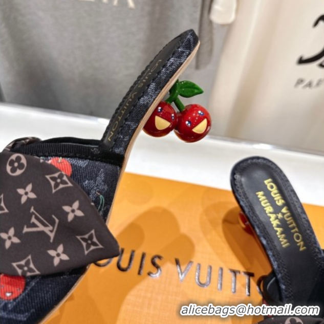 Low Price Louis Vuitton LV x TM Cherie Heel Slides Sandal 5.5cm in Monogram Denim with Bow Black 0712051