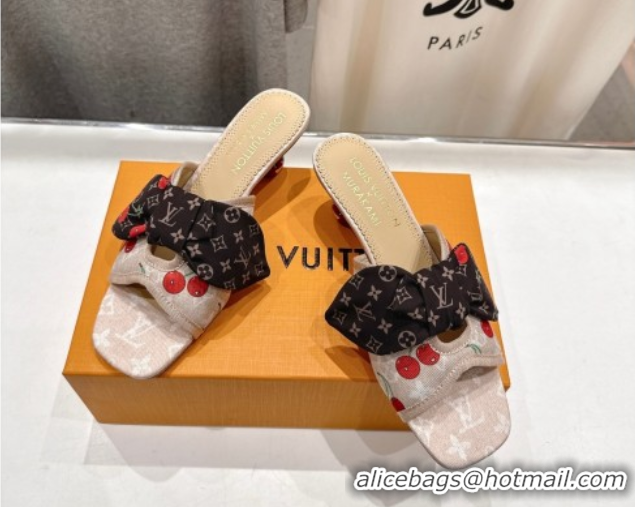 Best Grade Louis Vuitton LV x TM Cherie Heel Slides Sandal 5.5cm in Monogram Denim with Bow Beige 0712052