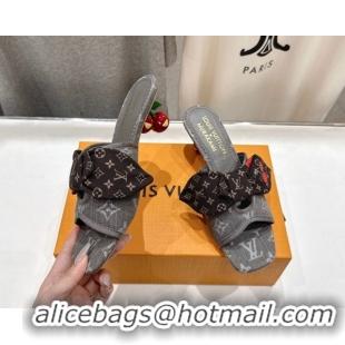 Top Grade Louis Vuitton LV x TM Cherie Heel Slides Sandal 5.5cm in Monogram Denim with Bow Dark Grey 0712053