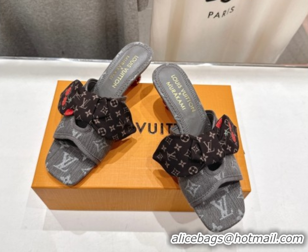 Top Grade Louis Vuitton LV x TM Cherie Heel Slides Sandal 5.5cm in Monogram Denim with Bow Dark Grey 0712053