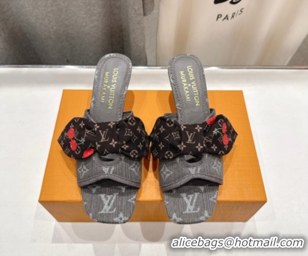 Top Grade Louis Vuitton LV x TM Cherie Heel Slides Sandal 5.5cm in Monogram Denim with Bow Dark Grey 0712053