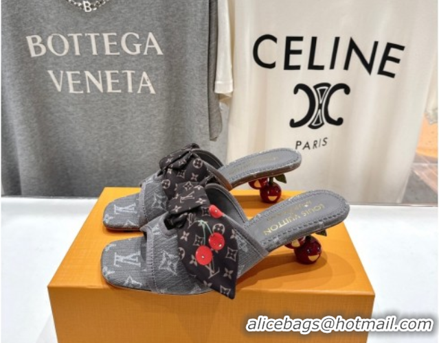 Top Grade Louis Vuitton LV x TM Cherie Heel Slides Sandal 5.5cm in Monogram Denim with Bow Dark Grey 0712053