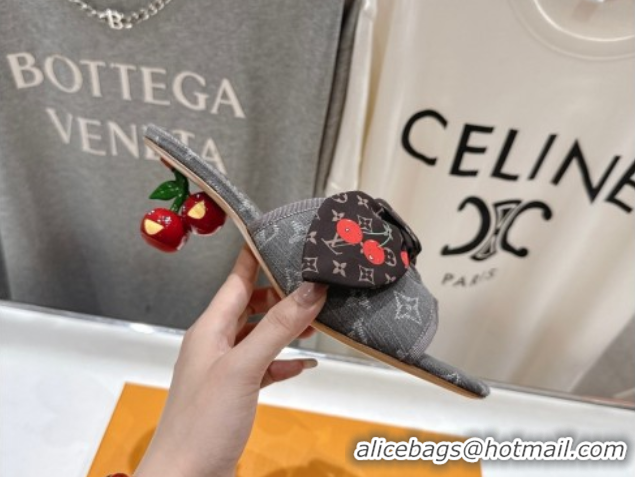 Top Grade Louis Vuitton LV x TM Cherie Heel Slides Sandal 5.5cm in Monogram Denim with Bow Dark Grey 0712053