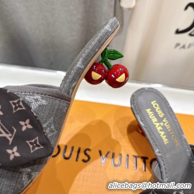 Top Grade Louis Vuitton LV x TM Cherie Heel Slides Sandal 5.5cm in Monogram Denim with Bow Dark Grey 0712053