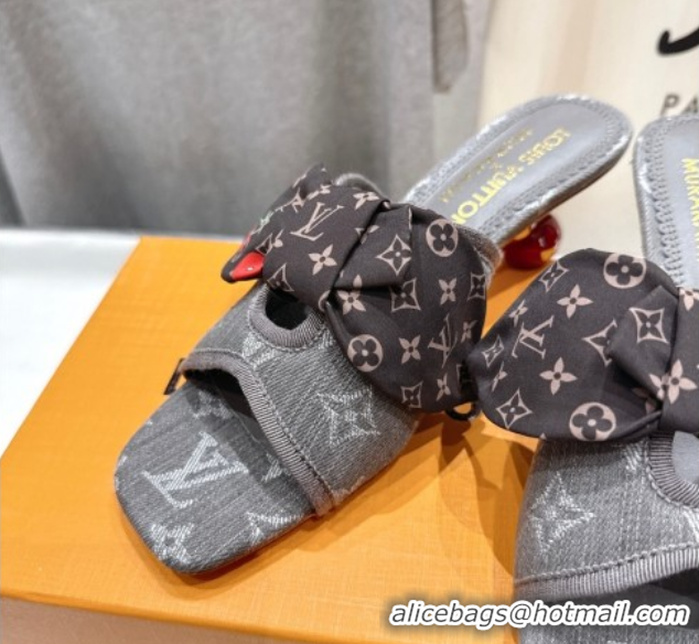 Top Grade Louis Vuitton LV x TM Cherie Heel Slides Sandal 5.5cm in Monogram Denim with Bow Dark Grey 0712053