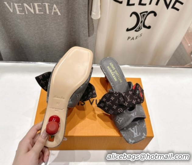Top Grade Louis Vuitton LV x TM Cherie Heel Slides Sandal 5.5cm in Monogram Denim with Bow Dark Grey 0712053