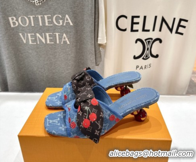 Luxurious Louis Vuitton LV x TM Cherie Heel Slides Sandal 5.5cm in Monogram Denim with Bow Blue/Red 0712054
