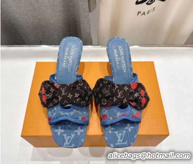 Luxurious Louis Vuitton LV x TM Cherie Heel Slides Sandal 5.5cm in Monogram Denim with Bow Blue/Red 0712054