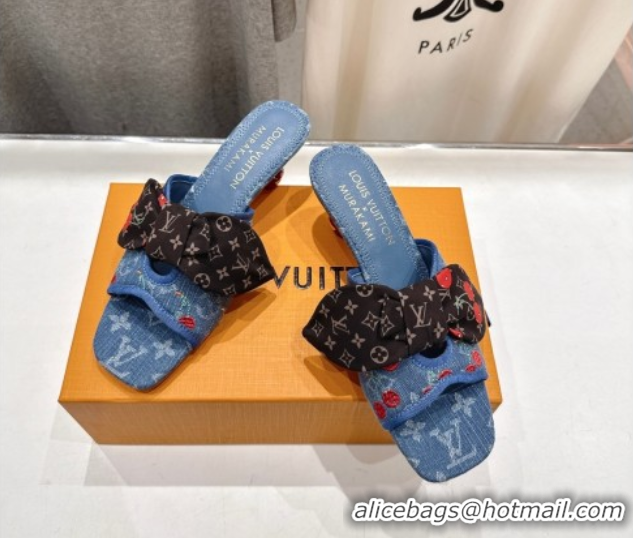 Luxurious Louis Vuitton LV x TM Cherie Heel Slides Sandal 5.5cm in Monogram Denim with Bow Blue/Red 0712054