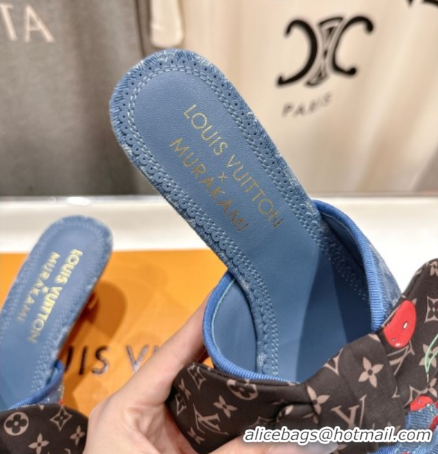 Luxurious Louis Vuitton LV x TM Cherie Heel Slides Sandal 5.5cm in Monogram Denim with Bow Blue/Red 0712054