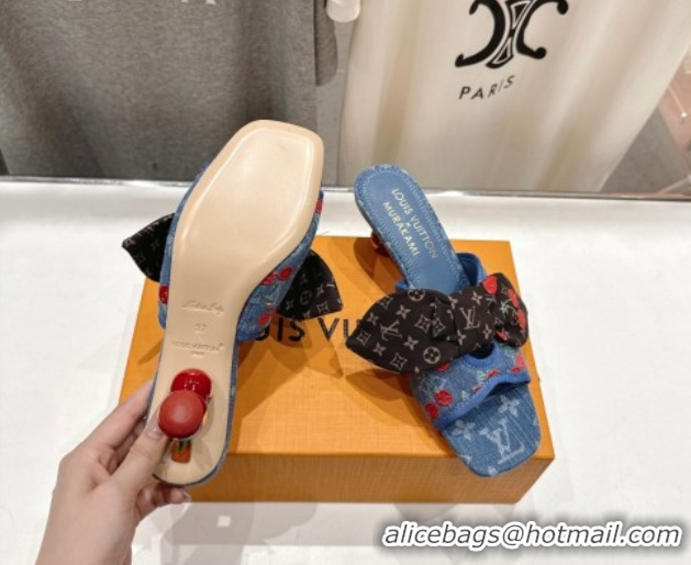 Luxurious Louis Vuitton LV x TM Cherie Heel Slides Sandal 5.5cm in Monogram Denim with Bow Blue/Red 0712054